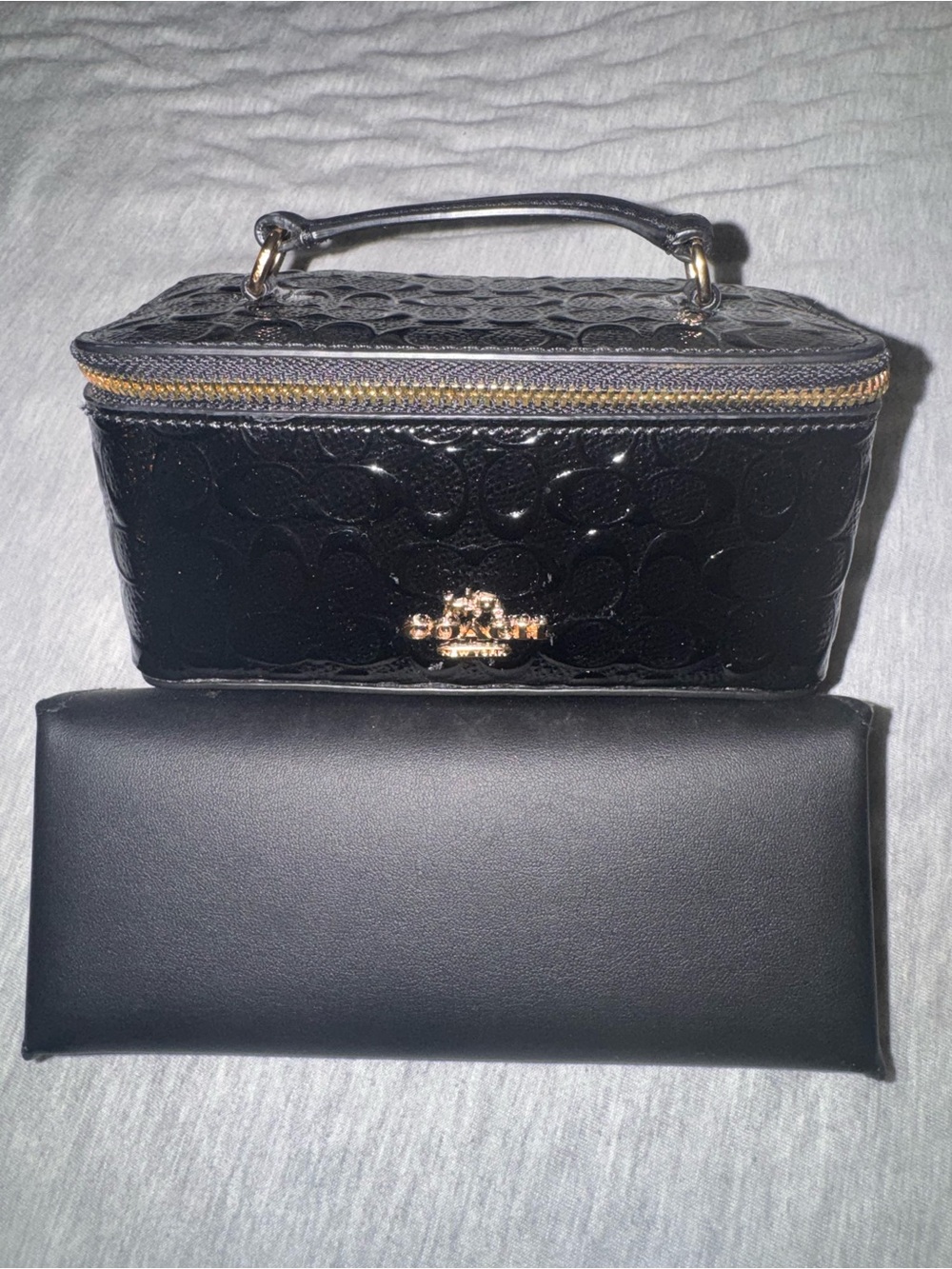 Coach Black Patent Cosmetic Train Case with Gold Hardware